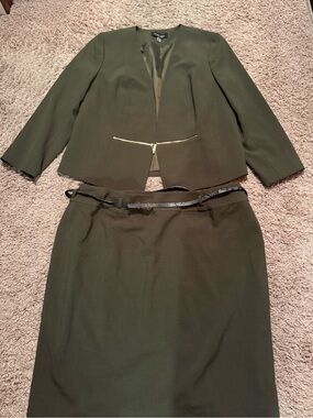 Black Label Evan Picone Olive Green TwoPiece Skirt Set with Gold Zip Detail Belt